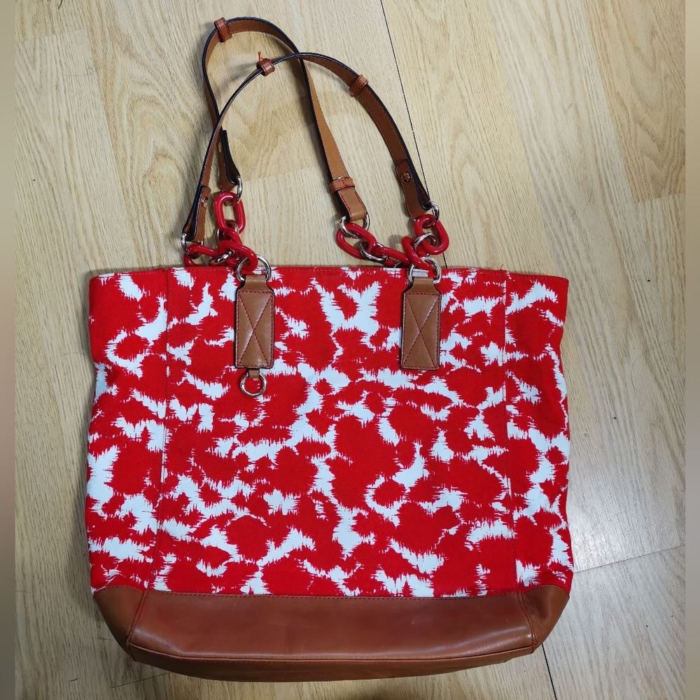 MILLY Large Red & White Splatter Canvas & Brown Leather Tote/Handbag